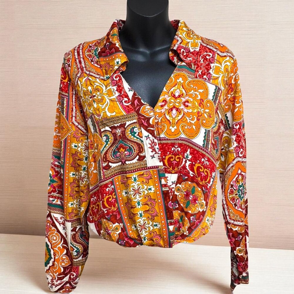 Haute Hippie Rust Geo Print Surplice Cropped Boho Blouse